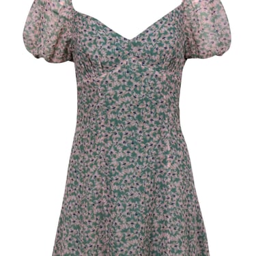 Fame and Partners - Green Floral Print Puff Sleeve Mini Dress Sz 4