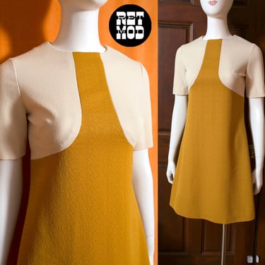 Iconic Vintage 60s 70s Mustard Yellow & Cream Atomic Space Age Dress 
