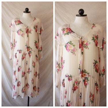 90s does 20s Sheer Floral Drop Waist Dress Size M 