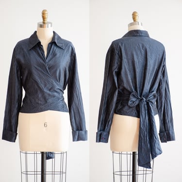 blue wrap blouse 90s y2k vintage dark blue crinkle silk cropped shirt 