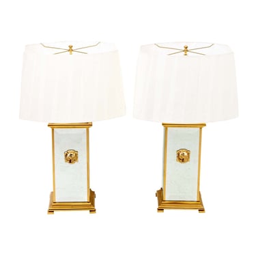 Pair of Midcentury Modern Mirrored Column Brass Lamps with Lion Figural Head Accents