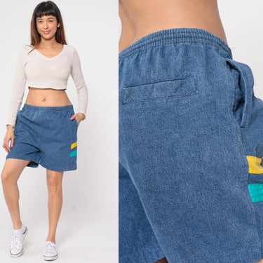 90s Denim Shorts Striped Elastic Waist Blue Denim Shorts Baggy Relaxed Lounge Jean Shorts High Waisted Shorts 1990s Vintage Medium Large 