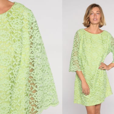 Lace Mini Dress 60s Mod Party Dress Lime Green 1960s Cocktail Bohemian Shift Vintage Boho Sheer Sleeve Formal Twiggy Extra Large xl 