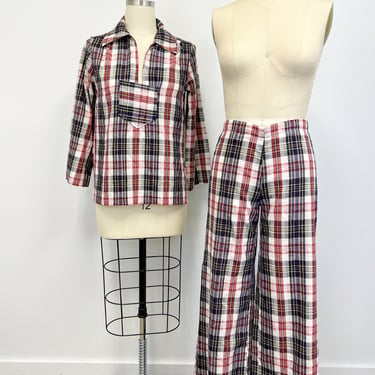 Vintage 2 Piece Wide Leg Pants and Top Set | 1970s Seersucker in Navy and Red Plaid  | Size Medium 