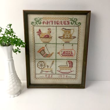Antique treasures framed cross stitch - 1970s framed needlework 