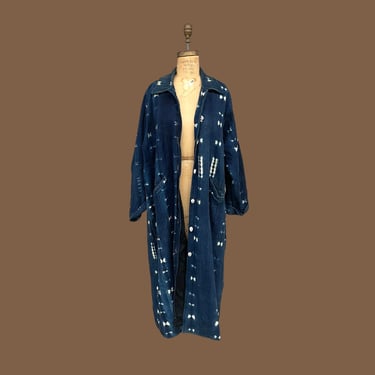 Vintage Duster Retro 1990s Indigo Tie Dye + Long + Ikat + Batik + Cotton + Seashell Buttons + Bohemian + Robe + Womens Apparel 