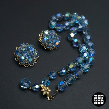 Beautiful Sparkling Vintage 50s Blue Crystal Necklace & Matching Clip-On Earrings SET 
