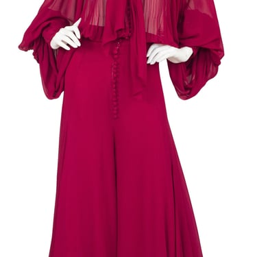 Clodovil Couture 1970s Vintage Burgundy Silk Chiffon Billowing Sleeve Palazzo Jumpsuit Sz S 