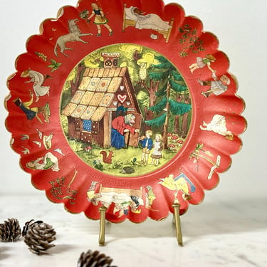 Vintage German Cardboard Fairytale Bowl Hansel and Gretel 1940s Black Forest Brothers Grimm Kids Room Decor Red Storybook Paper Wall Hanging 