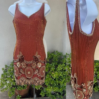 Vintage glam dress mini beaded sequins rust brown Sz XS 