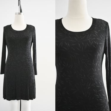 1990s Black Slinky Knit Mini Dress with Glittery Leaf Design 