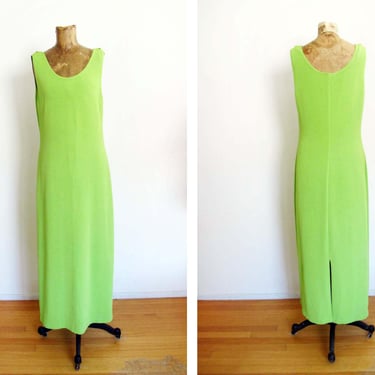 Vintage 2000s Bright Neon Green Slinky Knit Maxi Dress M L - Y2K Scoop Neck Sleeveless Nylon Stretchy Long Dress 
