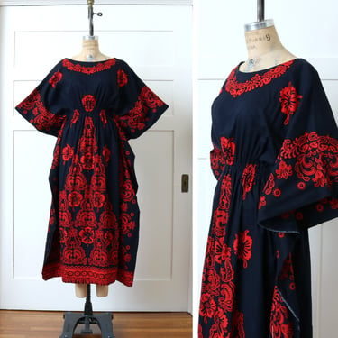 vintage 1970s tropical tribal kaftan dress • black & red loungewear pool piece with dramatic wing sleeves 