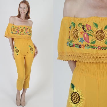 Off The Shoulder Mexican Sunflower Print Jumpsuit, Yellow Cotton Skinny Playsuit, Smocked Embroidered Womens Pant Suit 