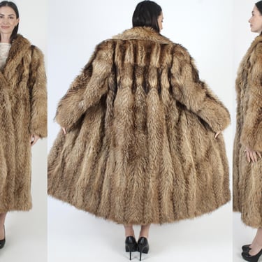 Full Length Tanuki Fur Jacket, Long Brown Raccoon Overcoat, Vintage 70s Lumberjack Outdoors Coat 