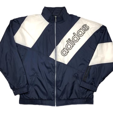 Vintage 90s Adidas Navy Blue & White Striped Big Print Graphic Windbreaker Full Zip Jacket Coat Size Large 