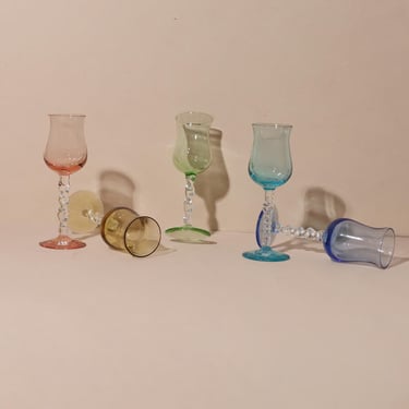Vintage Multi Color Twisted Stem Shot Glasses, Vintage Cordial Cocktail Glasses, Rainbow Drinking Glasses 