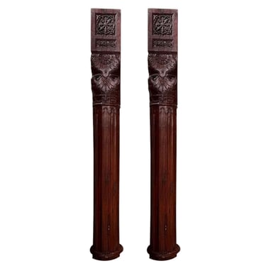 Large Pair Indian Carved Teak Haveli Architectural Pillars (no bases)