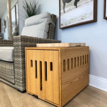Modern Dog Crate Ready to Ship with flip up space saving door and cushion, Wood Kennel, handmade in USA 