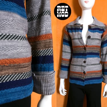 Groovy Vintage 70s Gray Blue Space Dye Stripe Cardigan with Collar by Beewear 
