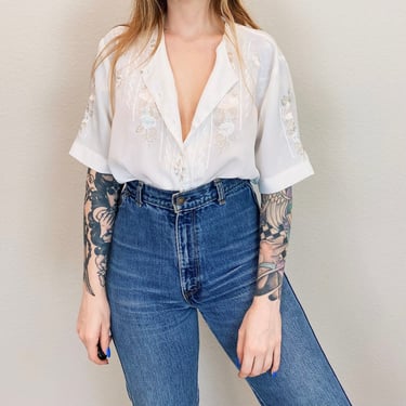 Sheer Embroidered Button Front White Blouse 