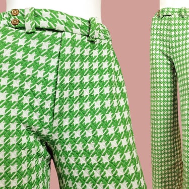 1960s mod houndstooth pants in bold green & white. Vintage textured polyester.  Doublmint. spring summer. Jack Winter. (24 - 28 x 30) 