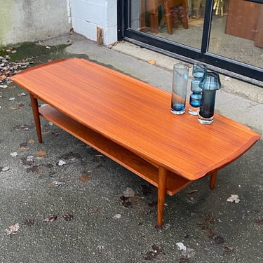 Poul Jensen/Selig Teak Coffee Table w/ Flared Top Edges &#038; Slab Shelf