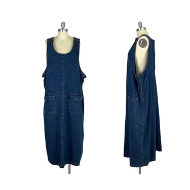 Plus Size 90s Maxi Denim Jumper Dress 3X, Sleeveless Long Jean Dress, Pinafore with Pockets 1990s Clothes Women Vintage Faded Glory Size 22W 