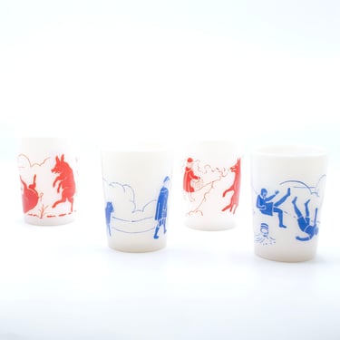 Vintage Children's Milk Glass Cup Set | Fables and Nursery Rhymes 
