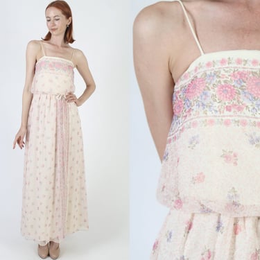 Bridal Couture 70s SpringTime Floral Dress, Vintage Country Garden Print Material, Prairie Grecian Lounge Maxi 