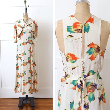 vintage 1930s floral gown & jacket • as is • full length bias cut dress with puff sleeve jacket 