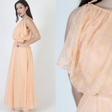 70s Grecian Long Peach Draped Dress, Vintage Goddess Floral Bridal Gown, Disco Party Sheer Split Sleeve Maxi 