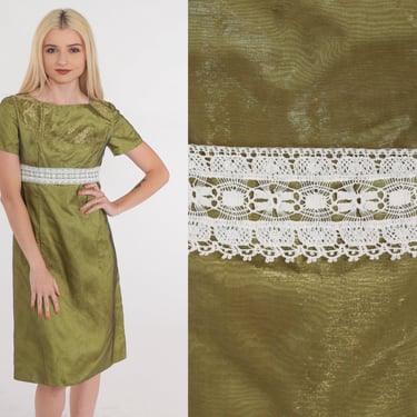 60s Party Dress Iridescent Green Mini Dress Metallic Gold White Lace Trim Empire Waist Sheath Short Sleeve Vintage 1960s Extra Small xs 