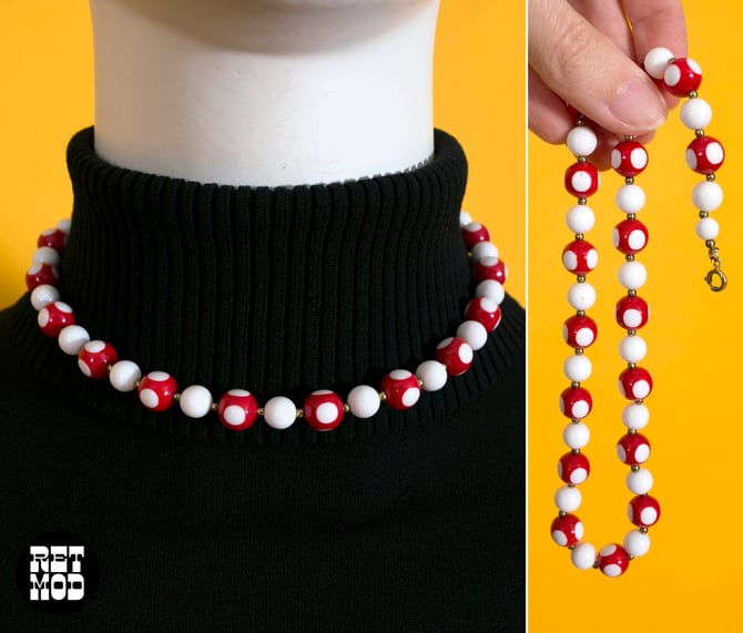 Sassy Vintage Red & White Polka Dot Short Beaded Necklace 