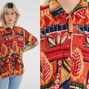 90s Blouse Leaf Print Button Up Top Retro Abstract Geometric Pattern Short Sleeve Shirt Red Orange Yellow Green Blue Vintage 1990s Medium M 