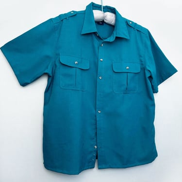 John Blair Vintage MEN'S Teal Green Blue Short Sleeve Shirt 1970s 80s XL Epaulets Button Down 