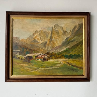 1960's Vintage Alpine Mountain Cabin  Landscape  Oil Painting, Signed 