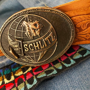 Vintage SCHLITZ Belt Buckle + Belt | Solid Heavy Brass / Bronze w Polished Globe Logo | 70s Western Cowboy Tooled Leather | Beer Collectible 