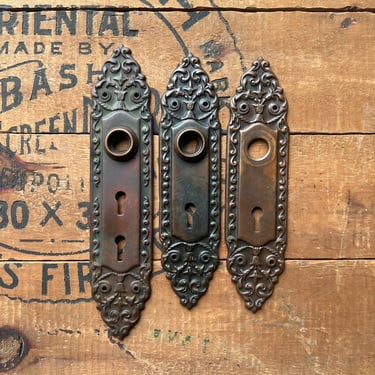 Antique Salvaged Ornate Pressed Brass Double Keyhole Entry & Interior Door Plates 