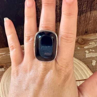 SQUARE BLACK ONYX Chunky Silver Ring | Large Statement Ring | Sterling Silver | Mexican, Southwestern | Size 6 1/4 