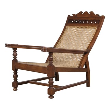 19th Century Colonial Mahogany Plantation Lounge Cane Chair 