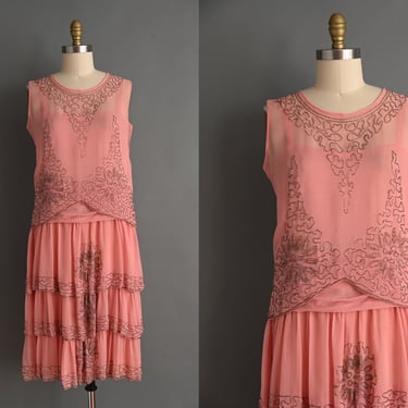 vintage 1920s dress | Gorgeous Ballet Pink Silver Heavy Beaded Antique Dress | Medium 