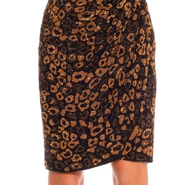 1980S Valentino Leopard Print Black  Bronze Silk Chiffon Bead Encrusted Wrap Skirt 