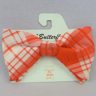70s Red Plaid Bow Tie - Butterfly Bow - Red White - Clip On - Unworn on Card - Vintage 1970s 