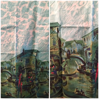 Vintage 1950s Venice Scenic Print Novelty Print Fabric 50s Impressionist Italy Border Print 