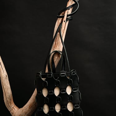 Black Leather and Natural Cotton Small Braided Tote Bag