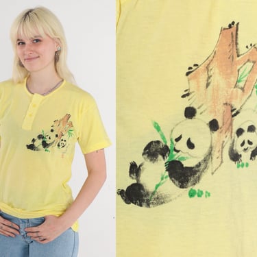 Panda T-Shirt 80s Yellow Henley Shirt Painted Animal Graphic Tee Wildlife Button up Semi-Sheer Thin Burnout Cotton Top Vintage 1980s Small S 