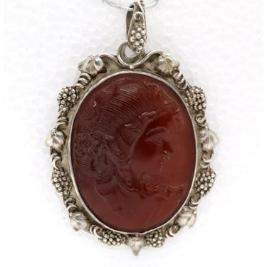 1890's Antique Continental Sterling Silver and Glass Cameo Portrait Necklace Pendant 