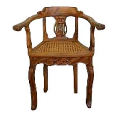 VINTAGE Cane Chair  Anglo Indian Solid Padauk Wood Carved Lyre Back Cane Seat Arm Chairs 