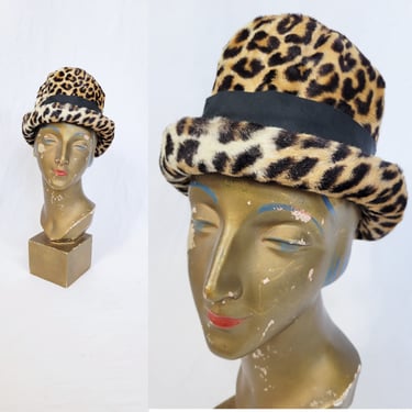 1960's Faux Leopard Fur Fedora Style Hat I Sz Med I 22.5